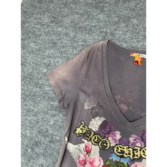 Christian Audigier Paco Chicano Women’s T-Shirt Sz L V-Neck Crown Roses Dove - Picture 12 of 16
